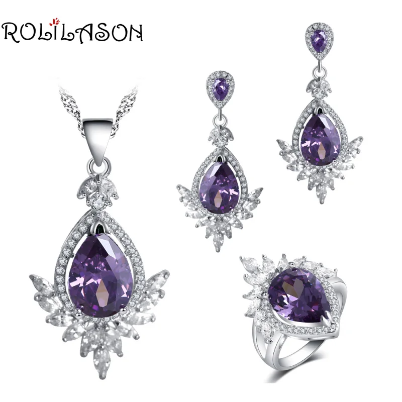 

ROLILASON Purple Zircon Crown shape water drop design 925 Silver For girl Earrings Necklace Rings Jewelry Sets JS773