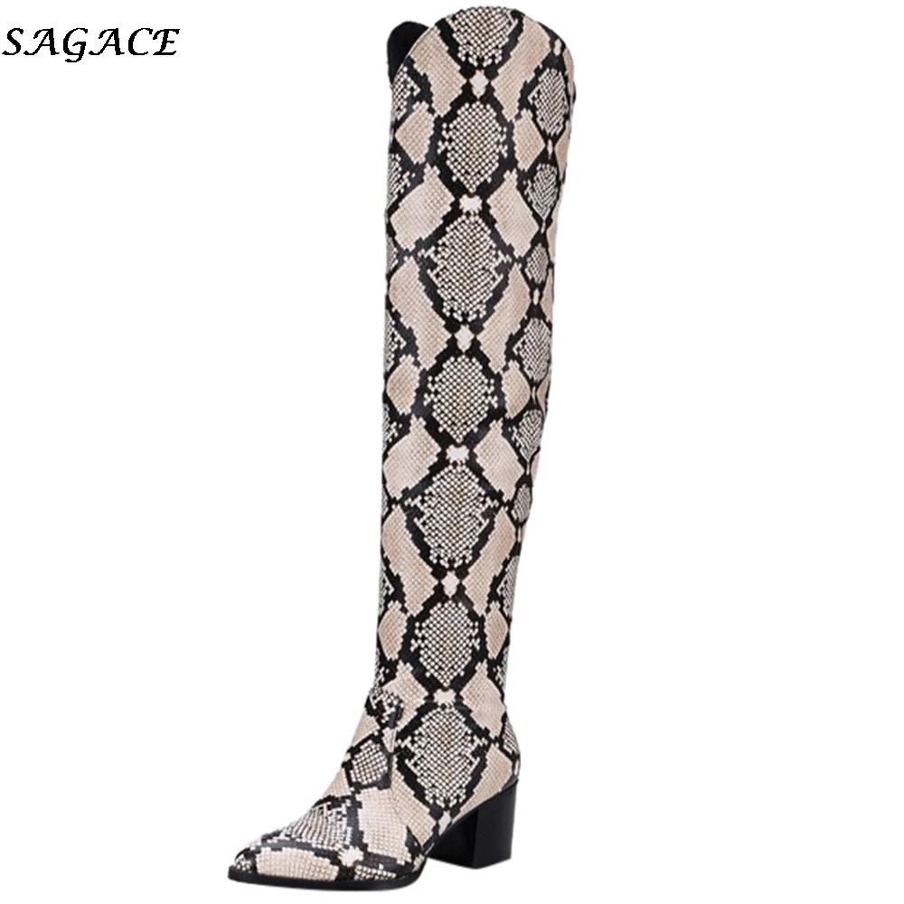 

SAGACE Women Winter Boot Snake Pattern High Heel Shoes Over The Knee Slip-on Retro Knight Boots Ladies Round Toe Martin Boot#35