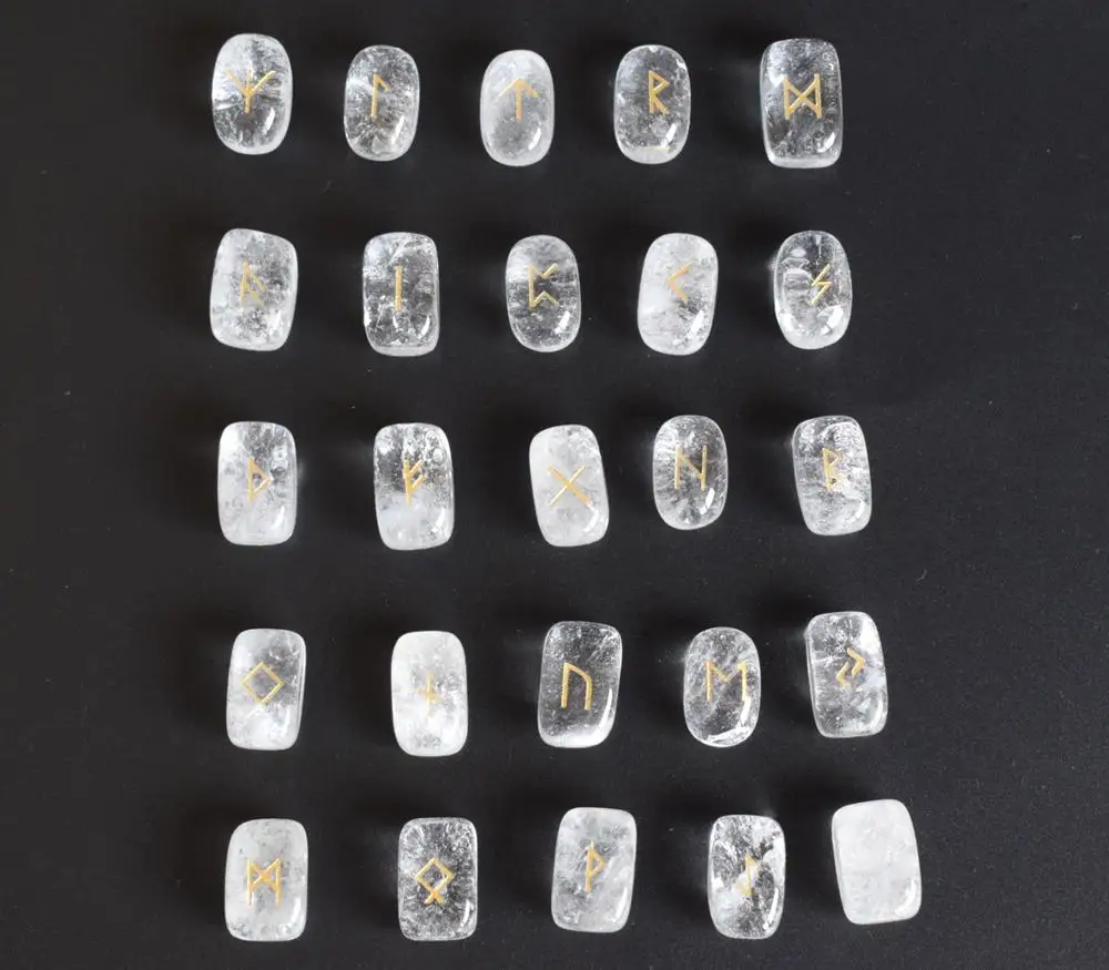 

0.6 x 0.4 INCHES Natural Small Size Clear Quartz Rune Stones Engraved Pagan Lettering Wiccan Set with a Free Velvet Pouch
