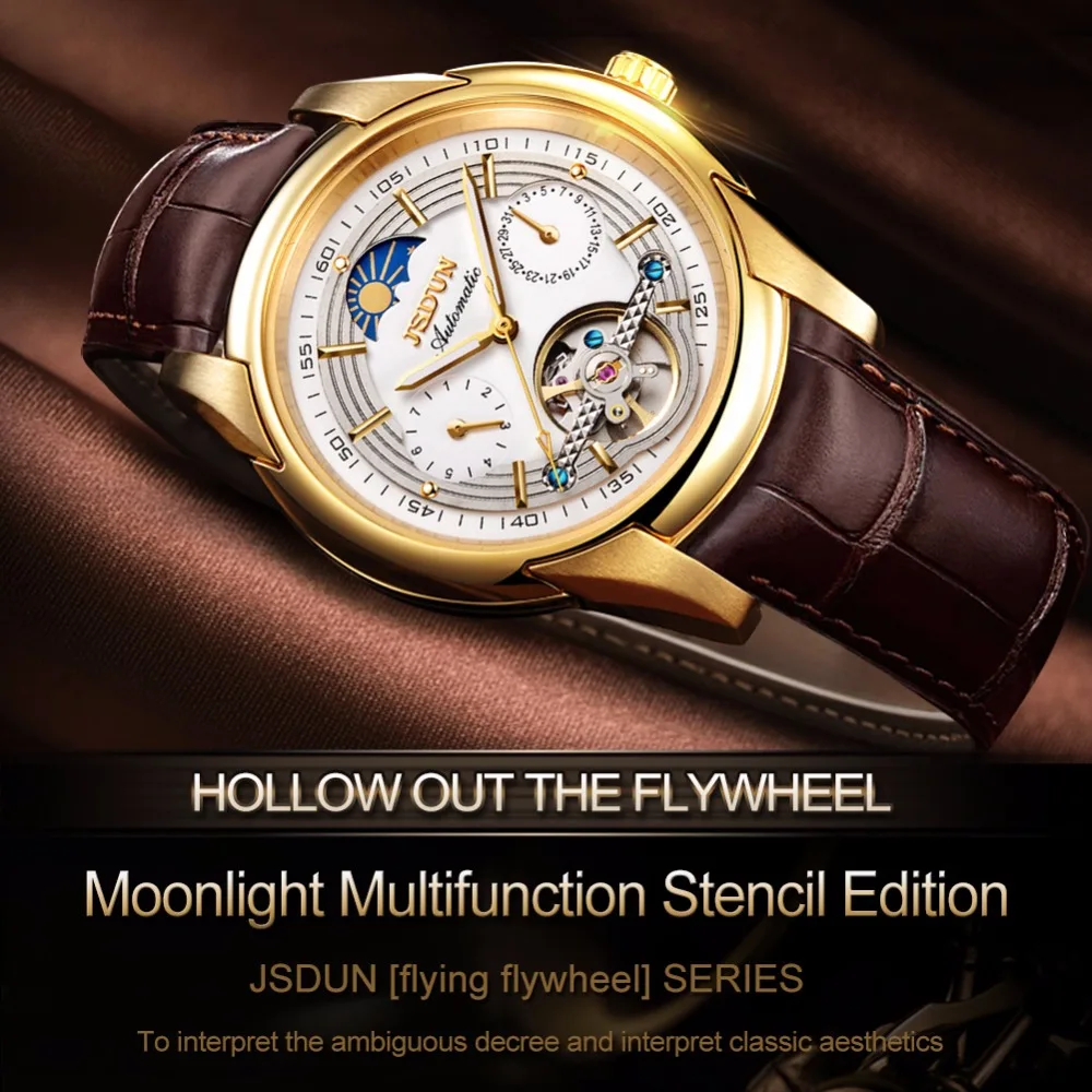 Automatic Mechanical watch men leather JSDUN Moon phase Mens Watches Top Brand Luxury Classic Business Gold Male Wrist Watch NEW
