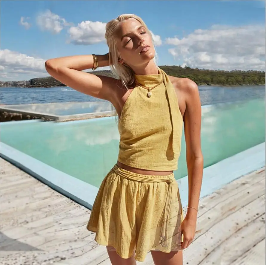 Дамская праздничная одежда для девочек halter, Пляжное Платье на бретелях+ Шорты юбка комплект из двух предметов дорожная костюм женское пикантное пляжное с открытой спиной Пляжная накидка - Цвет: 1