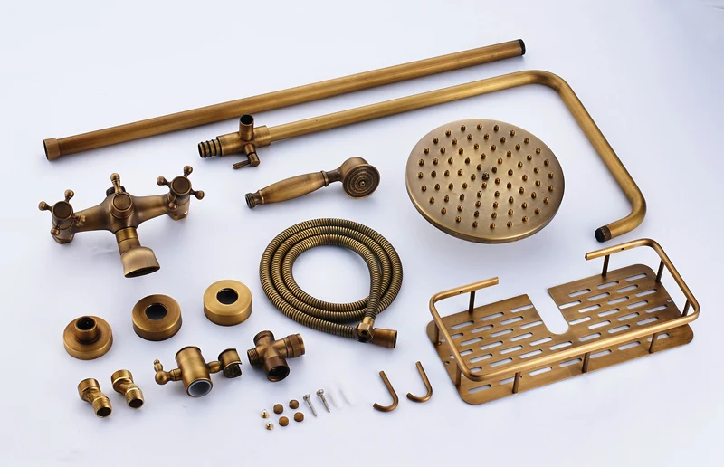 Antique-Brass-Bathroom-Shower-Faucet-With-Commodity-Shelf-And-Hangers-Mixer-Tap-Dual-Handles-Wall-Mounted