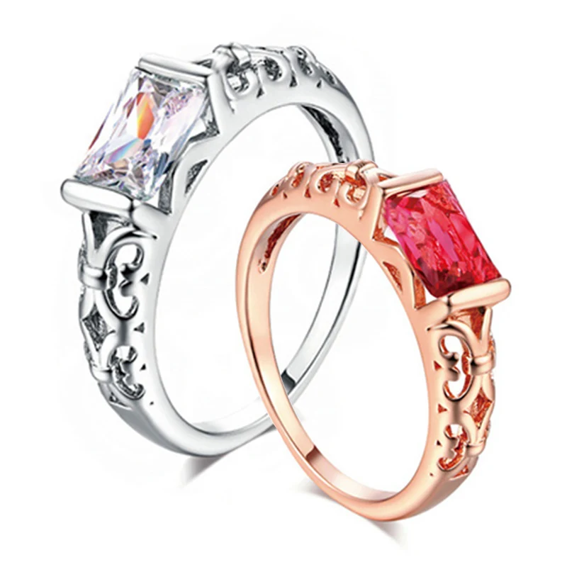 

Rose Golden Big Red White Crystal Rings Bride Zircon Beautiful 1PC High Quality Crystal Women Size 6 7 8 9 10 Hollow Out Silver