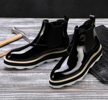

Slip On Ankle Boots Men's Dress Shoes Genuine Leather Pointed Toes Elastic Band Platform Height Increasing Smart Casual Shoes
