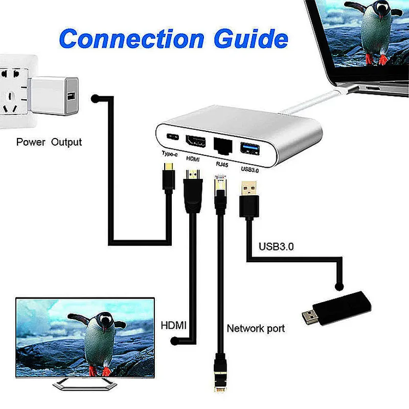 Basix Usb C Ethernet USB-C к HDMI 4 K+ гигабитный Ethernet(RJ45 порт)+ USB 3,0 type C концентратор адаптер USB-C разветвитель для Macbook