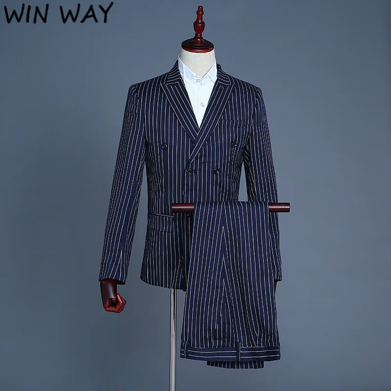 WINWAY Мужская мода синей полосой Blazer брюки из двух частей женихов Для мужчин