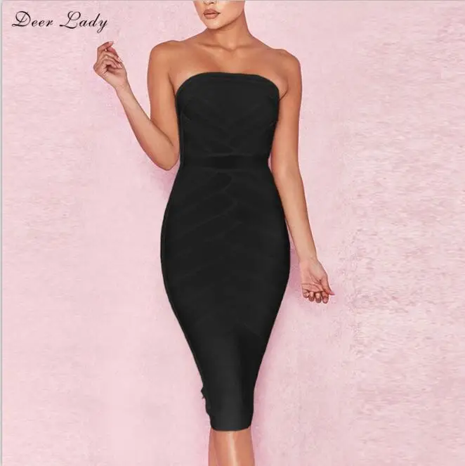 Deer Lady Women Bandage Dress Winter Strapless Bandage Dress Party Mini Hot Pink Bandage Dress Sexy Bodycon - Цвет: black