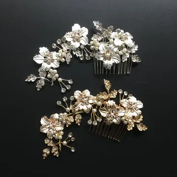 Gorgeous Golden Flower Leaf Rhinestones Pearls Wedding Hair Comb Bridal Headpieces 4