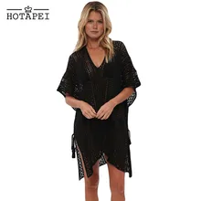 Hotapei горячая Крючком Трикотажные Кисточкой Галстук Пляжная Одежда 2017 женщин V-образным Вырезом sexy summer Beach Cover Up Свободные Платья Купальник LC42183