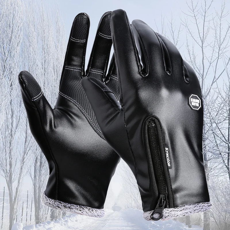 Men's Leather Gloves Velvet Female Waterproof Mittens Luva guantes Screen Touch Hiking Gloves
