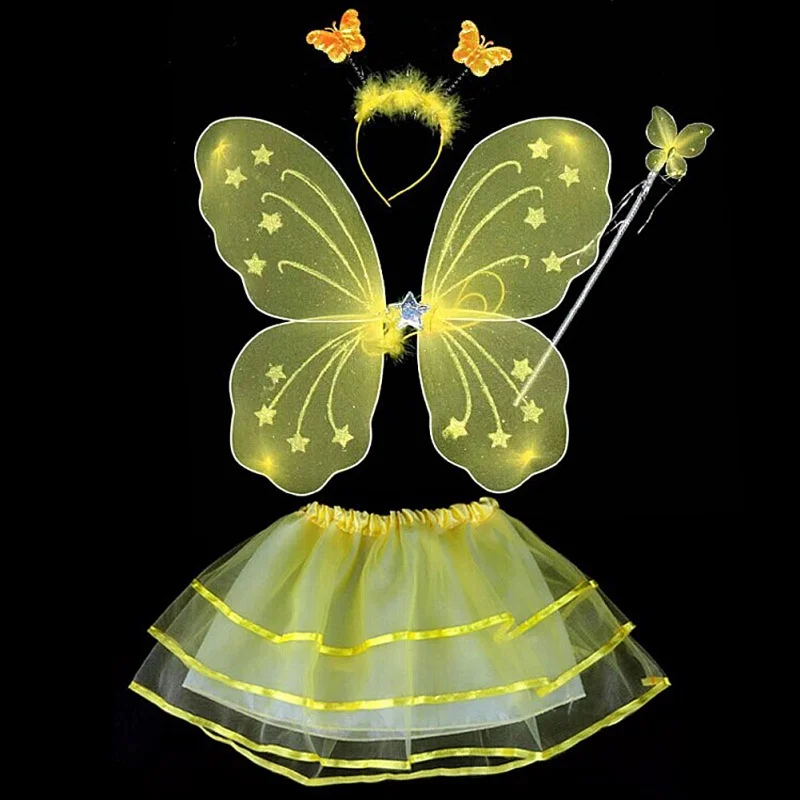 Сказочный Детский костюм принцессы; комплект из 4 предметов: юбка-пачка с крыльями бабочки и повязкой на голову - Цвет: yellow