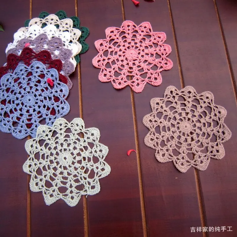 

2014 new fashion RU flowers design 14 cm round colorful 100% cotton crochet felt for coffee table mat fabric doilies coasters