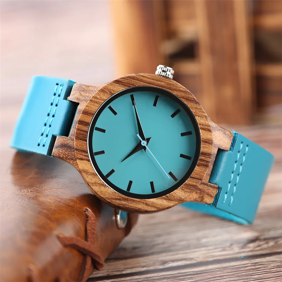 YISUYA Creative Women Watches Blue Genuine Leather Band Modern Minimalist Zebra Wooden Bamboo Ladies Watch Casual Clock Gift (15)