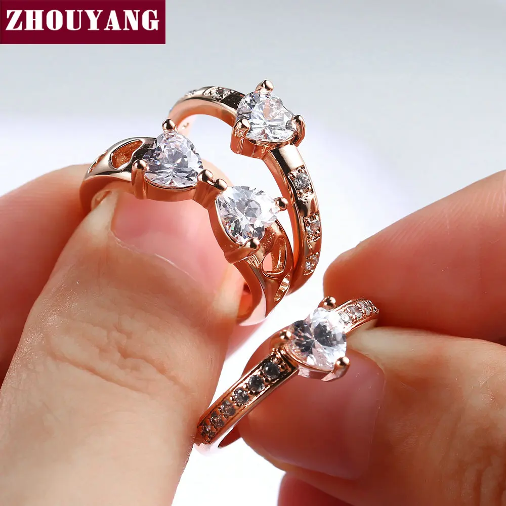 ZHOUYANG Роскошные комплекты колец для женщин Милое сердце свадьба счастливый
