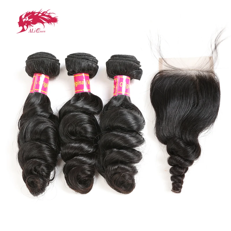 

Ali Queen Human Hair Bundles With 4X4 Lace Closure Free Part Pre-Plucked Hairline Brazilian Loose Wave Virgin Hair Free Shipping