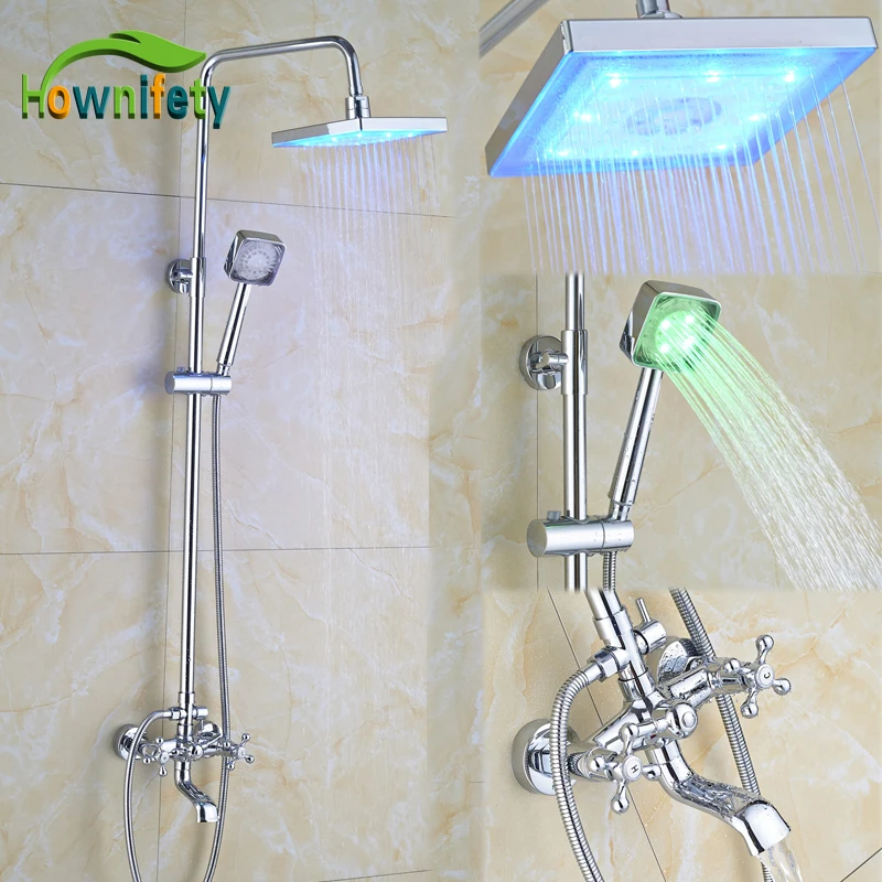 

Chrome Polish Bathroom Shower Faucet 8 Inch LED Square Rainfall Shower Head with LED Hand Shower