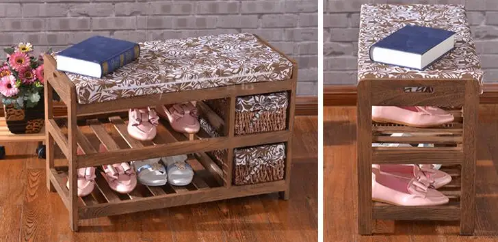 Wooden Shoe Rack With Two Storage Basket Paulownia Solid Wood Bench Living Room Furniture Japanese Style Shoe Bench Shelf Rack