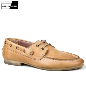 

New Fashion Vintage Boat Shoes Men Design Lace Up Casual Genuine Leather Comfortable Shoes Korean Spring Autumn Footwear Quality