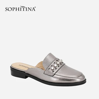 

SOPHITINA New Fashion Round Toe Flats Genuine Leather Special Rhinestones Women's Shoes Slip On Silver Casual Retro Flats P19