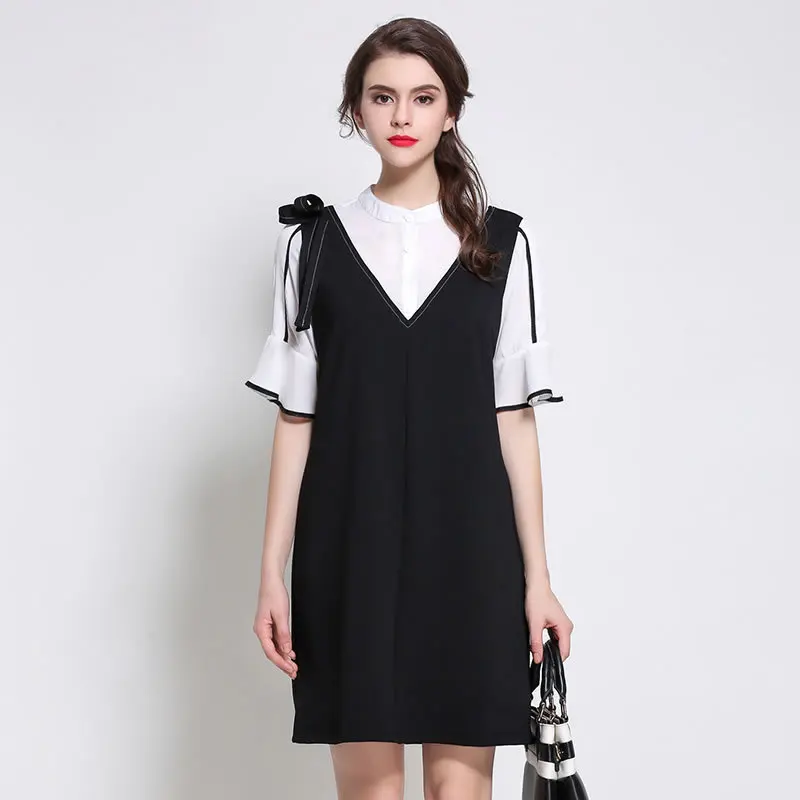 New 2018 Spring office Ladies elegant faux two Dress stand collar contrast color A-line casual vestidos plus size 4XL 5XL | Женская