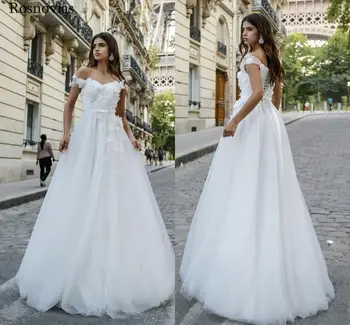 

Country Wedding Dresses 2019 Off Shoulder Lace-up Back Sweep Train Hand Make Flowers Modest A Line Bridal Gowns Robe De Mariée