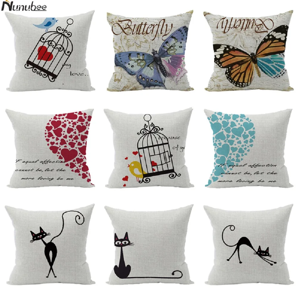 

Nunubee Elf Cat Simple Line Art Cute Comic Sofa Cushion Cover Office C Napping Pillow Case Retro Butterfly Letter 45*45 cm