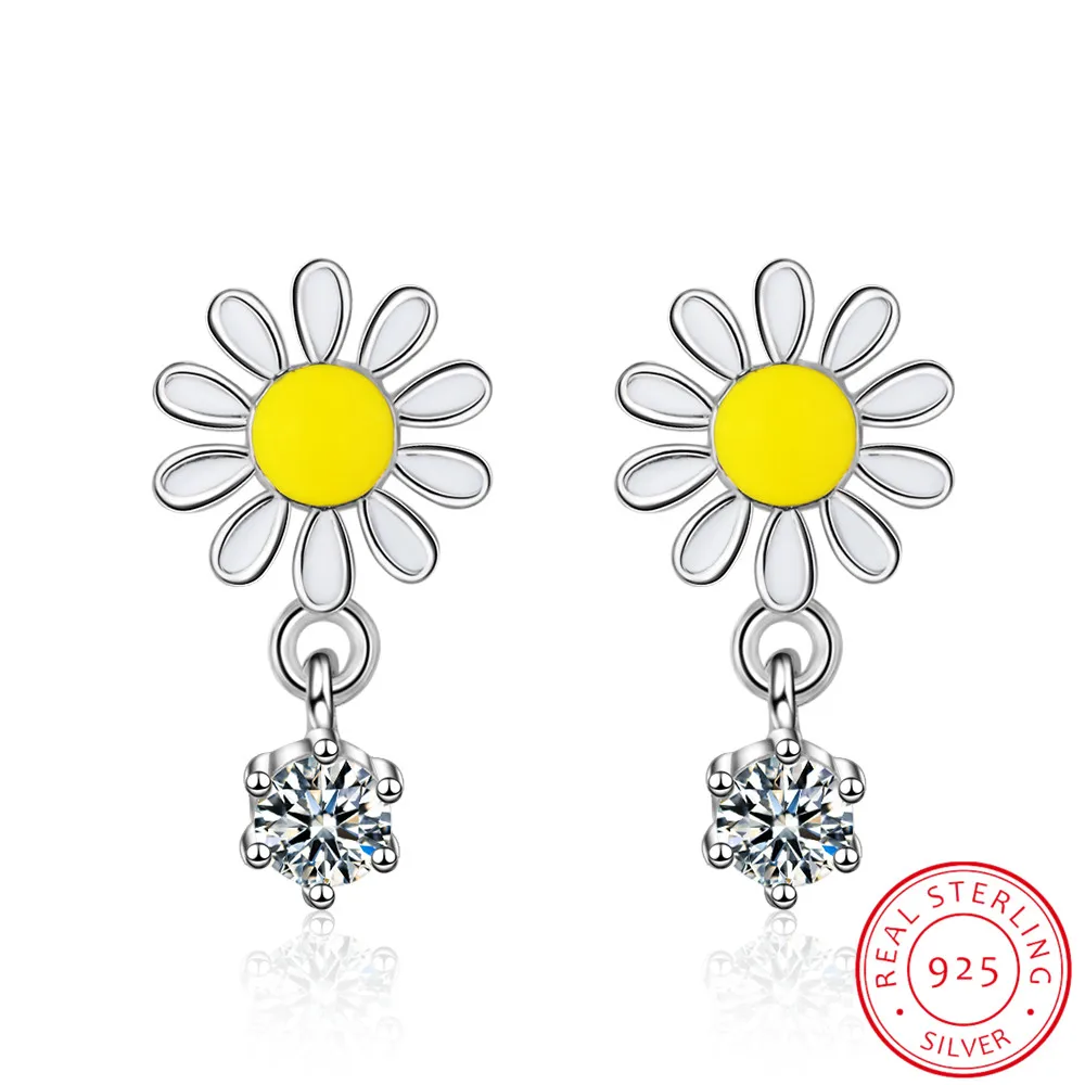 

New Arrivals Fashion 925 Sterling Silver Daisy Sun Flower Zirconia Stud Earrings For Women Jewelry Pendientes Brincos de Prata