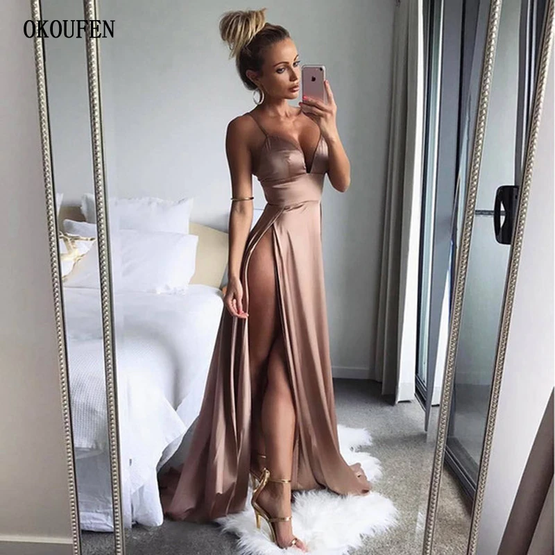 Sexy Side High Split Evening Gown 2018 Simple Satin Spaghetti Straps Deep V neck Hot Formal Evening Dresses-