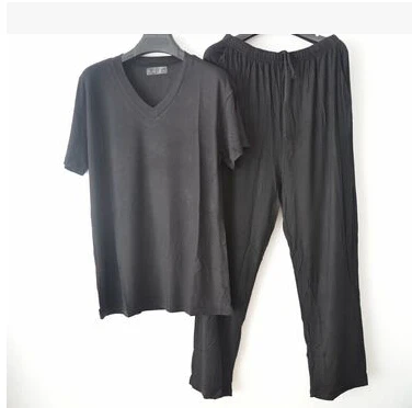 Короткий рукав длина брюки Мужская одежда для сна летний модал v-образным вырезом lounge set тонкий модальный пижамный комплект плюс размер L-4XL - Цвет: v neck black
