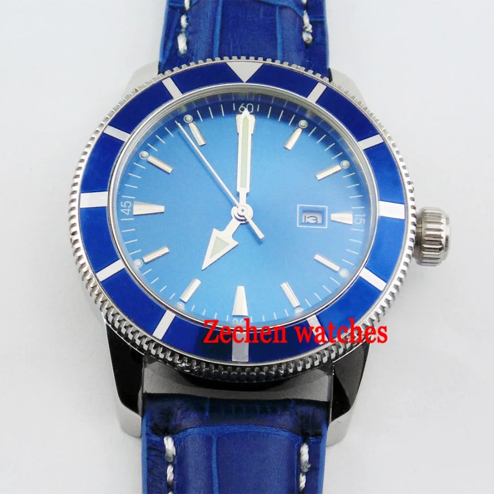 

46mm Mechanical automatic un-directional bezel Leather blue dial mens Watch