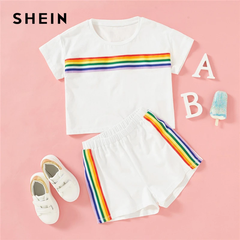 

SHEIN White Rainbow Striped Print Top And Shorts Two Piece Set Girls Clothing 2019 Summer Fashion Short Sleeve Children Clothes
