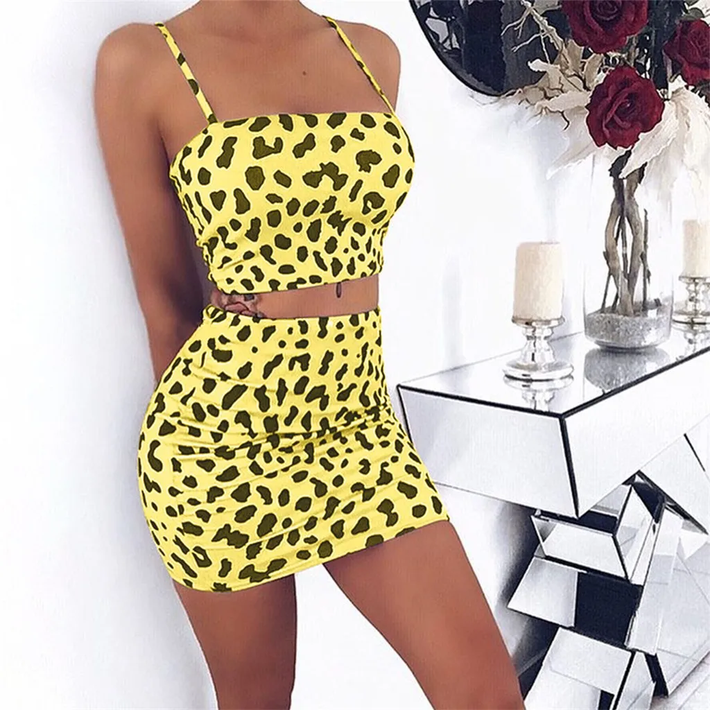 Модный женский леопардовый комплект из двух предметов, сексуальное соблазнительное обтягивающее платье без рукавов с открытыми плечами, Клубное облегающее мини-платье и топ, бюстгальтер