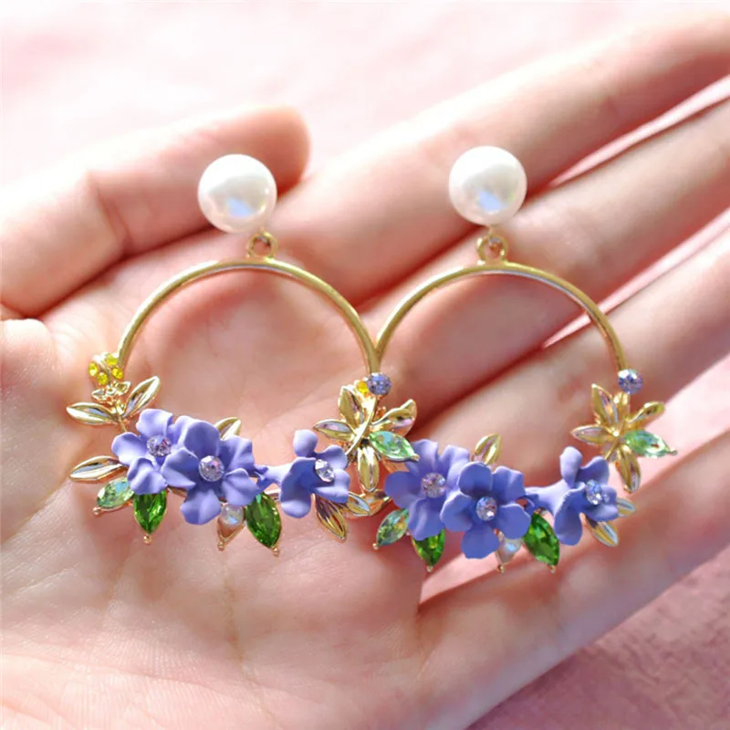 

BOAKO Cute Elegant Rhinestone Flower Big Round Circle Drop Earrings Charm Pearl Wedding Party Jewelry Pendientes For Women X7-M3
