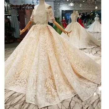 شراءH & S BRIDAL الشمبانيا الدانتيل فستان الزفاف الكرة ثوب قصير الأكمام فساتين الزفاف الرومانسية زي العرائس 2020 Vestidos De Novia