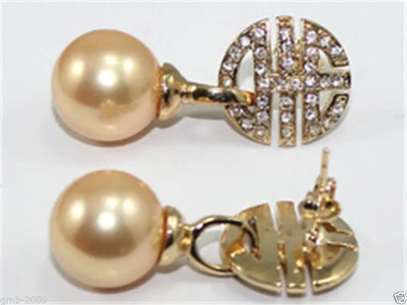 

Free shipping RARE HUGE 12MM GOLDED ROUND SOUTH SEA SHELL PEAEL CRYSTAL 14K GP DANGLE EARRINGS