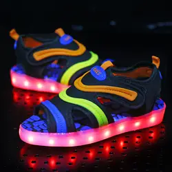 Детские сандалии летние яркие зарядка через USB светодиодный свет обувь пляжные сандалии для Девочки Малыш анти скользкие детей световой