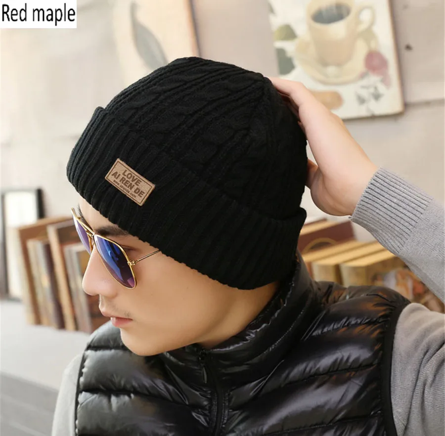 Red maple Winter Hat Knitted Beanies Hats For Men solid color Caps