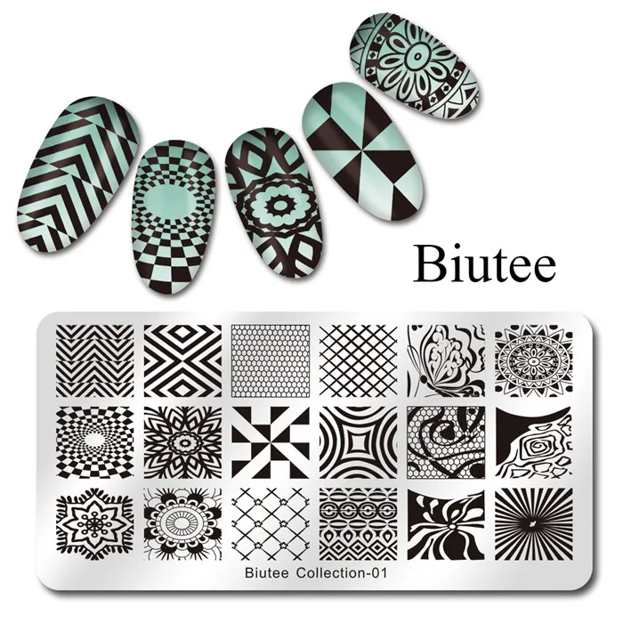 1 шт Biutee прямоугольная штамповка для ногтей шаблон классический дизайн цветок буквенный штамп для ногтей 12*6 см штамповочная пластина 15 узоров - Цвет: 01