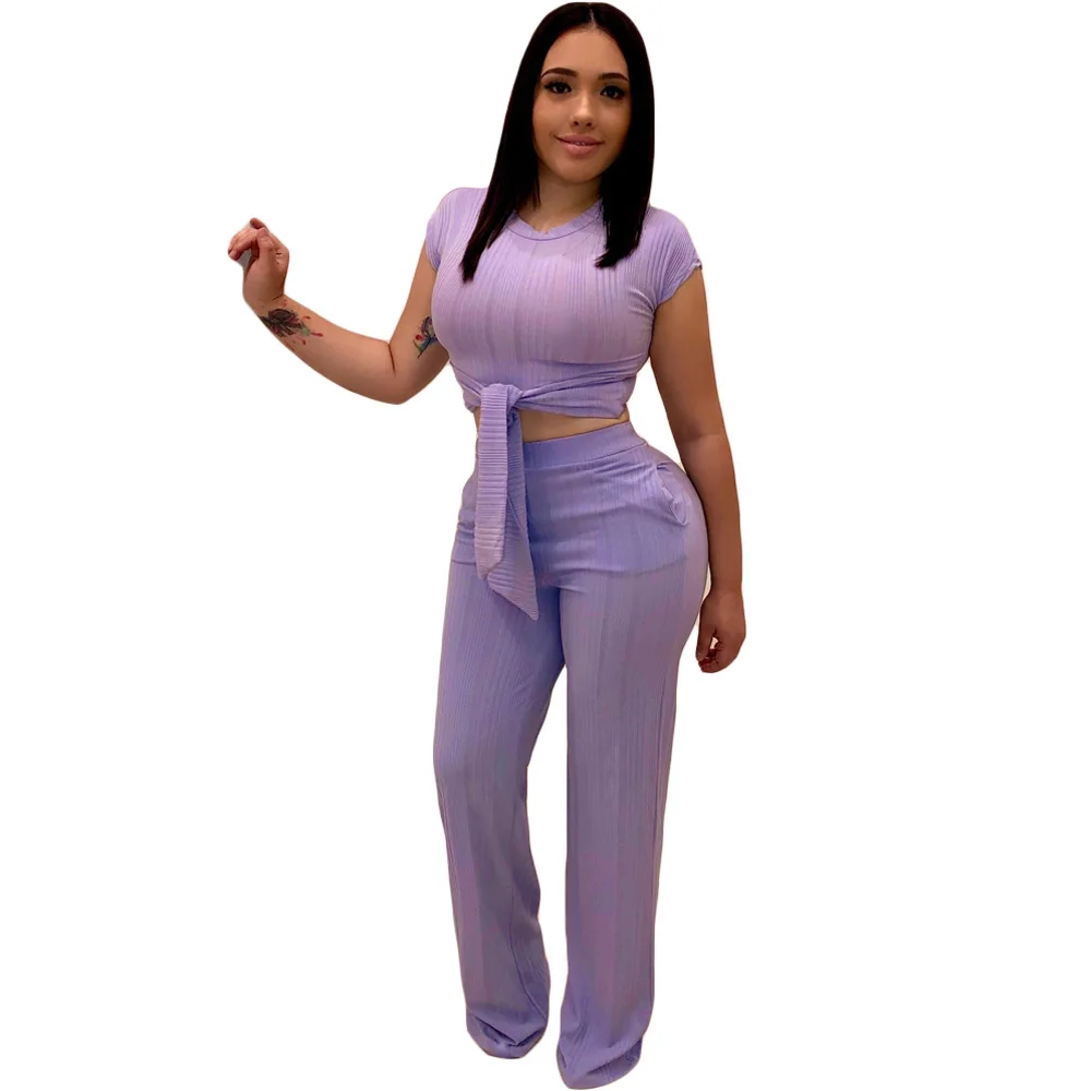 

Summer Kniteed Two Pieces Sets Women Clothes Short Sleeve Tie Up Bandage Crop Top + Pocket Wide Leg Pants Tracksuit Outfit