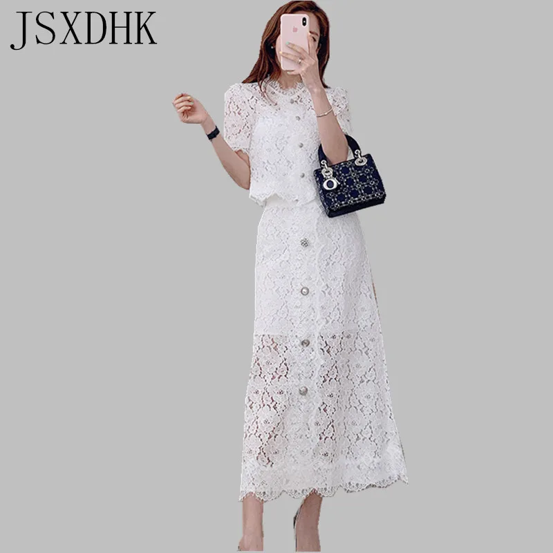 

JSXDHK Vintage Summer White Single-breasted Hollow Out Shirt Lace 2 PCS Suits Women Elegant High Waist Long Party Skirts Set