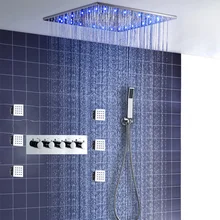 Bathroom LED Shower System 20'' Rain Set Luxury Square Head Mist Massage Panel Bath Kit Thermostatic 4 Way Mixer