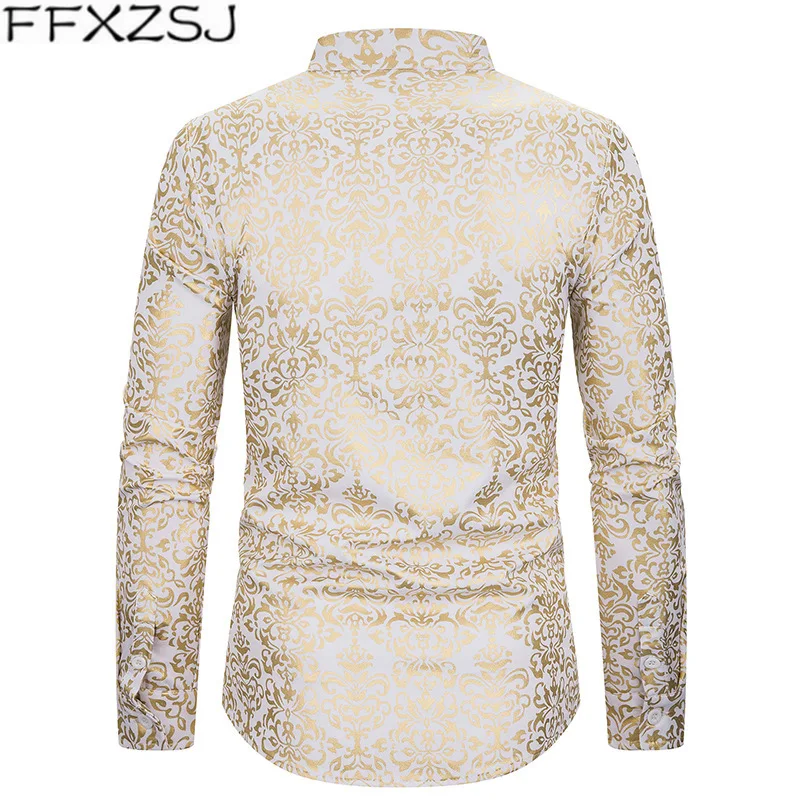 Shiny Gold Floral Print Mens Shirts Casual Slim Fit Long Sleeve Mandarin Collar Shirt Men Club Party Bronzing White Shirt Camisa