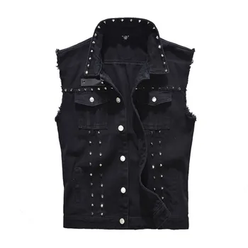 

MORUANCLE Fashion Punk Style Mens Denim Vest With Rivets Hi Street Sleeveless Jean Jacket Streetwear Waistcoat Plus Size L-5XL