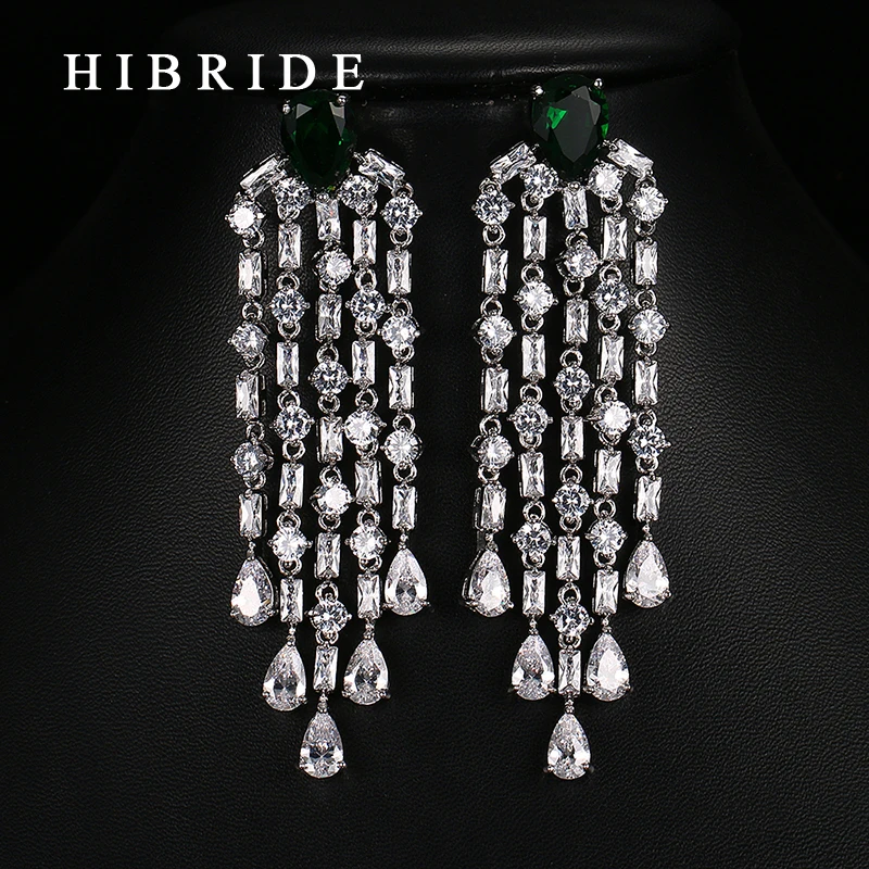 HIBRIDE Fashion Red Green Blue White Zircon Tassel Earring Rhodium Plated Women Earrings For Gifts E-56 - Image 3