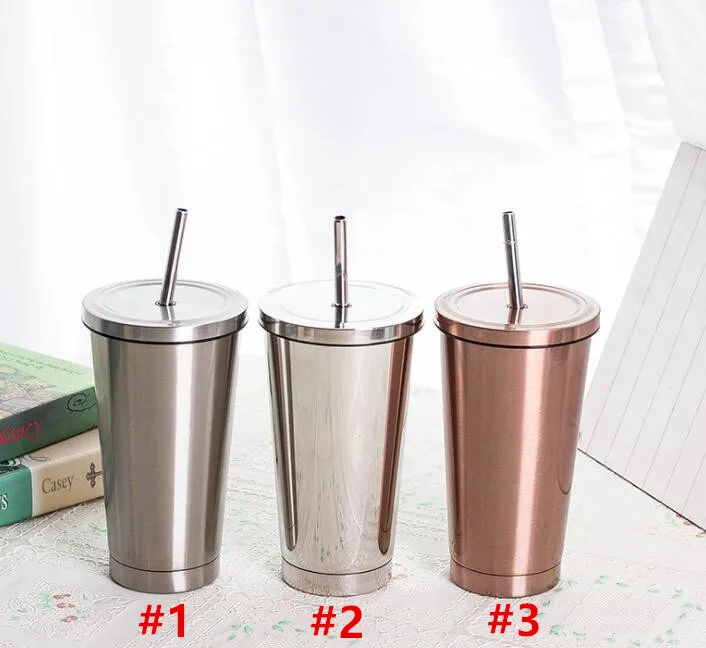 Quevinal-20pcs 500ml 17oz 패션 커피 빨대 컵 스테인레스 스틸 이중 벽 맥주 진공 플라스크 여행 차 보온병 머그잔