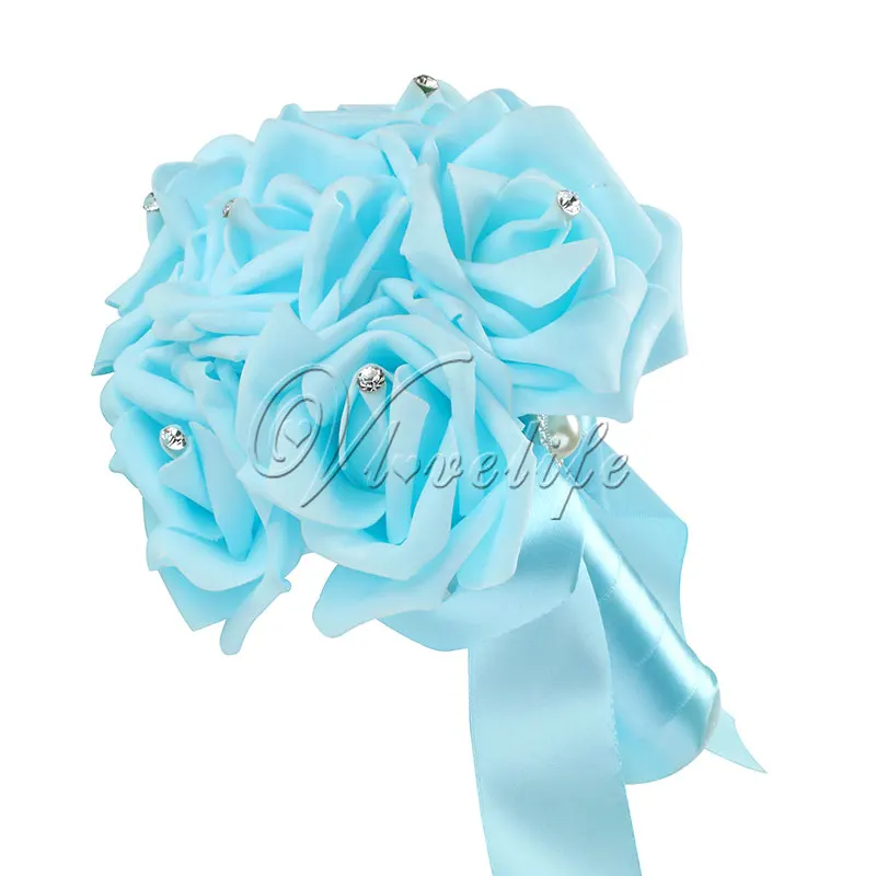 Прекрасный свадебный букет искусственных цветов невесты с 6 пеной Розовая Атласная Лента бант для свадебных декораций - Цвет: sky blue