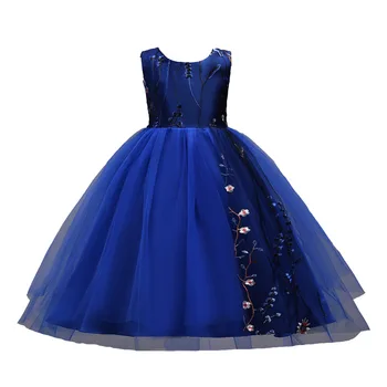 

High Quality Embroidery Flower Neck Elegant Girls Wedding Dress With Bow Rhinestone Belt Girls Party Dress