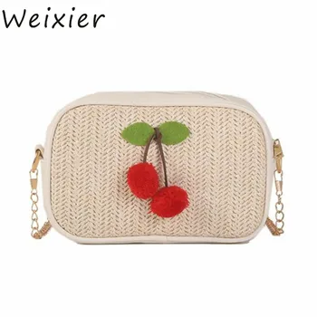 

WEIXIER Sweet Cherry Straw Bag for Women Beach Summer Holiday Travel Crossbody Bag Hand Woven Chain Shoulder Messenger Bag LW-68