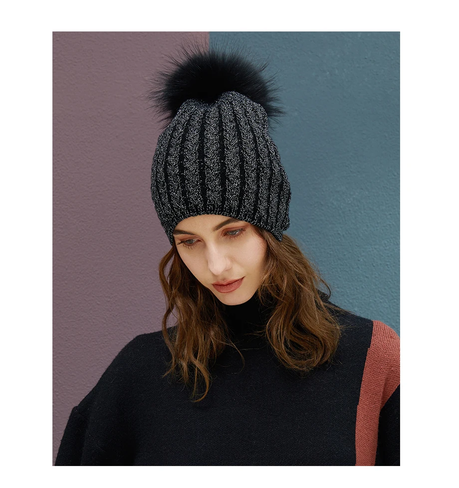 Winter Hats For Women Warm Beanie Real Fur Pompom Wool Hat Female Twist-Type Cap Bright Silk Beanies Women's Hat 5 Colors (10)