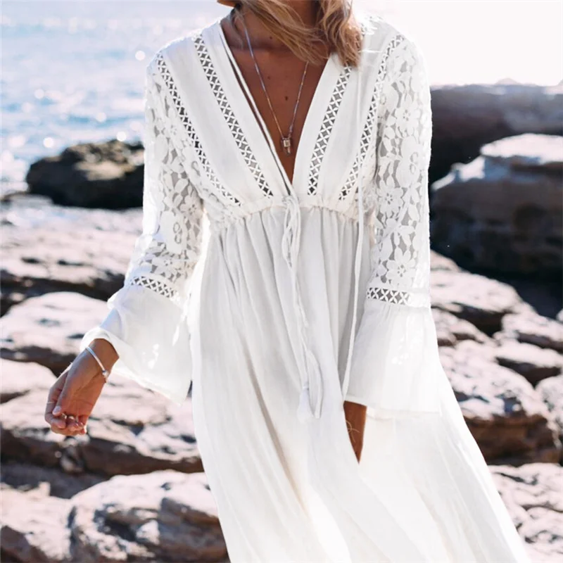 

2017 White Rayon Beach Long Dress Swimwear Tunics Kaftan Beach Dress Beachwear Cover ups Robe de Plage Saida de Praia